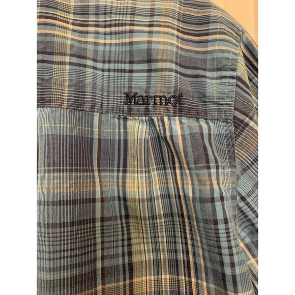 Marmot Blue Plaid Short Sleeve Button Up Shirt Men’s Medium Organic Cotton - Picture 4 of 10